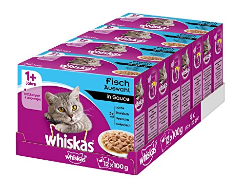 Whiskas Katzenfutter 1+ für erwachsene Katzen – saftige Fisch-Auswahl in Sauce / 48 Portionsbeutel (4 x 12 x 100 g)