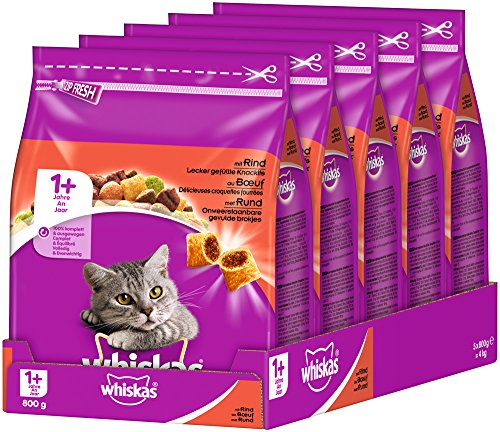 Whiskas Katzenfutter Trockenfutter Adult für Katzen ab 1 Jahre mit Rind (5 x 800g)