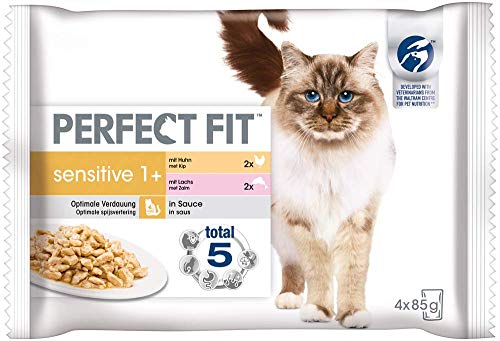 Perfect Fit Sensitive 1+ – Nassfutter für erwachsene, sensible Katzen ab 1 Jahr – Lachs in Sauce & Huhn in Sauce – Unterstützt die Verdauung – 13 x 4 x 85 g