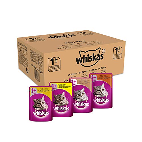 Whiskas 1 + Katzenfutter – Geflügel-Auswahl in Sauce – Schmackhaftes Feuchtfutter für eine gesunde Katze – 84 Portionsbeutel à 100g