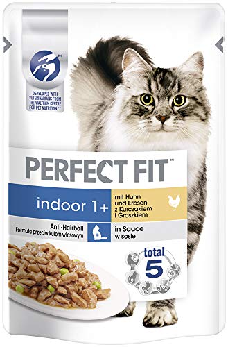 Perfect Fit Indoor 1+ – Nassfutter für erwachsene Hauskatzen ab 1 Jahr – Huhn und Erbsen in Sauce – Unterstützt die Vitalität – 12 x 85 g