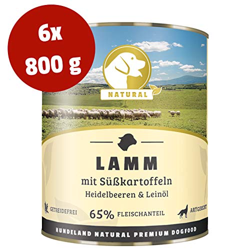 NATURAL Hundeland Lamm + Süßkartoffeln | 6 x 800 g | getreidefreies Hundefutter | Nassfutter für alle Hunderassen | viel frisches Fleisch | artgerecht & besonders gut verträglich